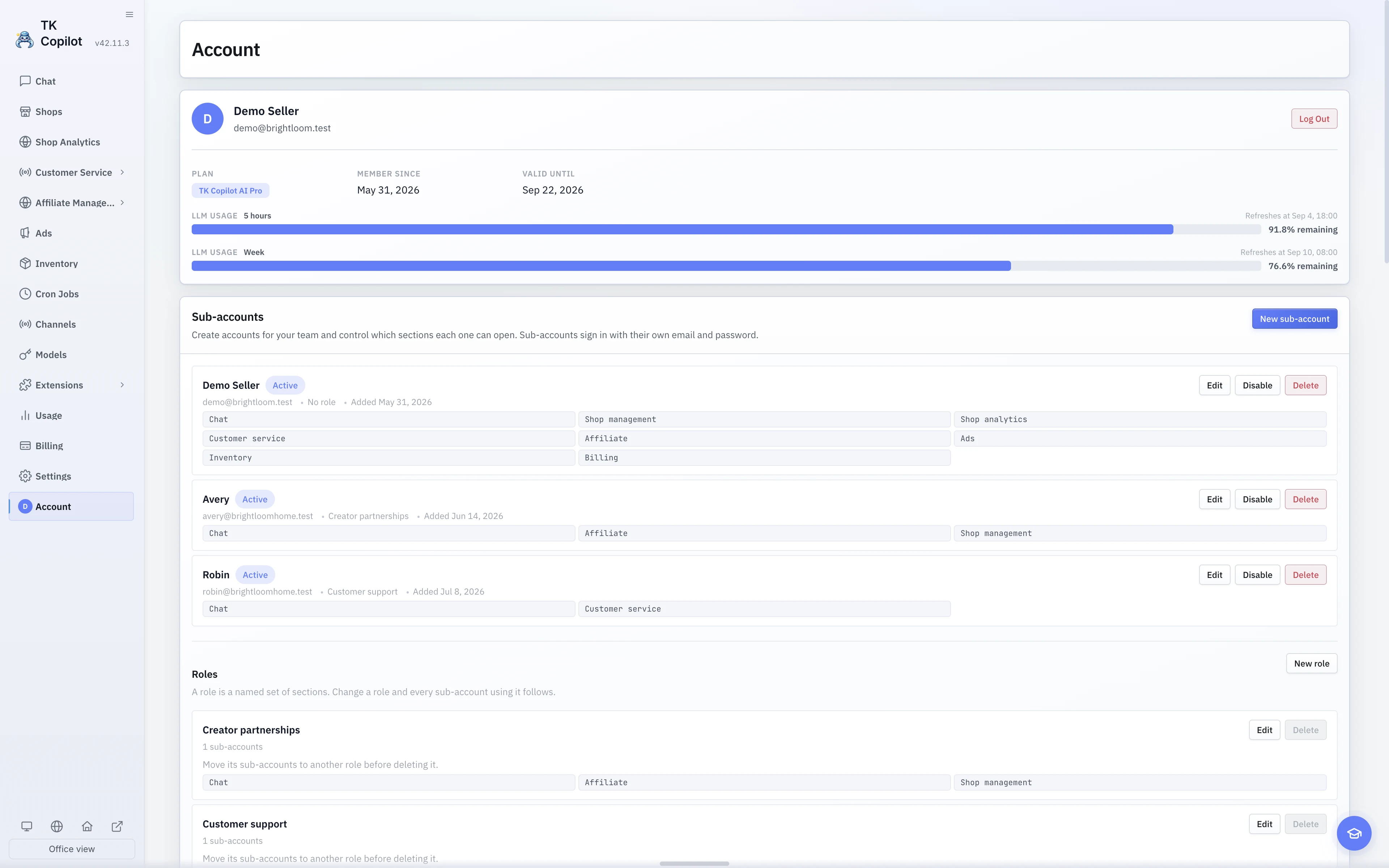 The English light-theme Account page with profile, members, tool surfaces, and run profiles.