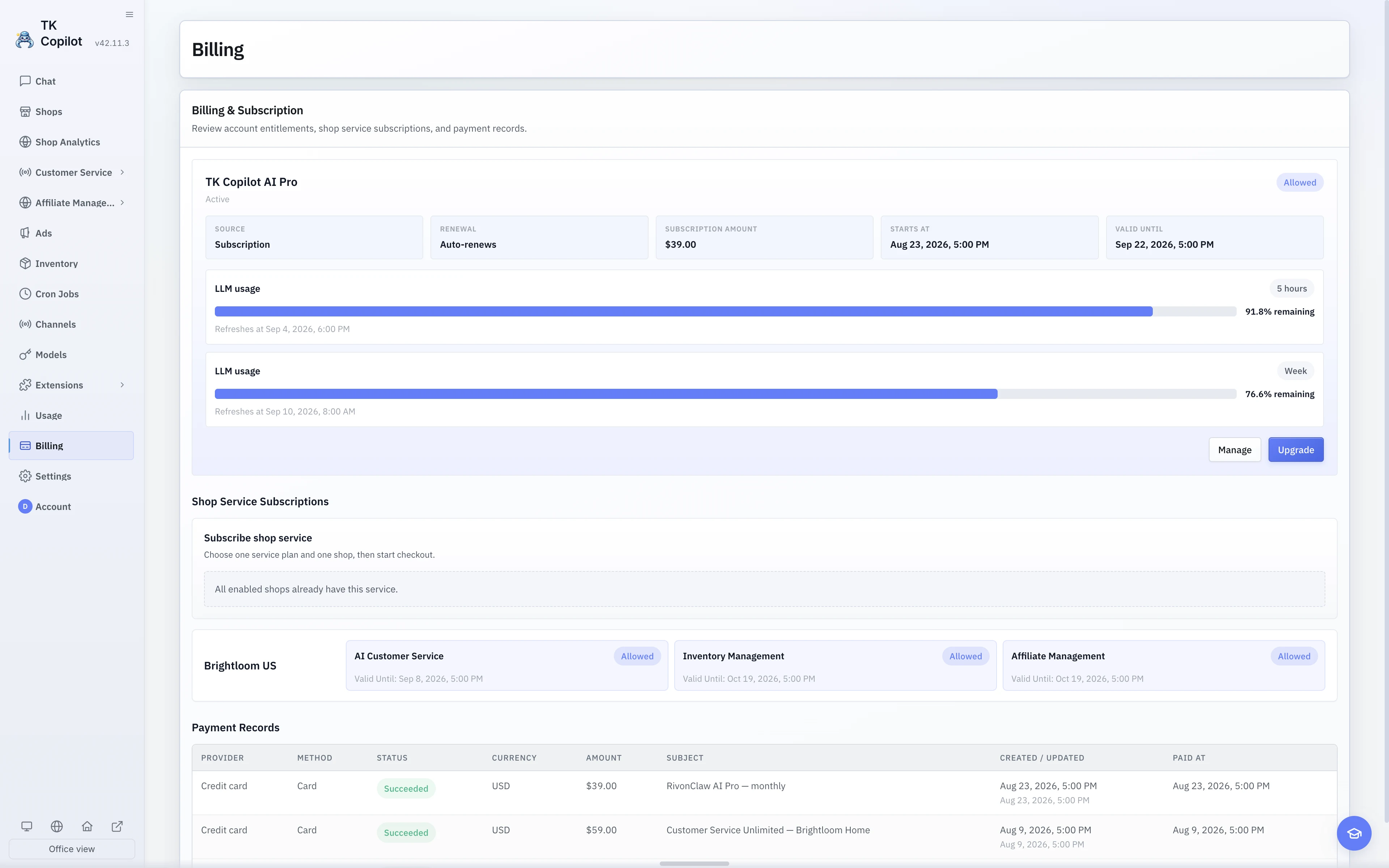 The English light-theme Billing page with account plan, Shop services, and payment history.