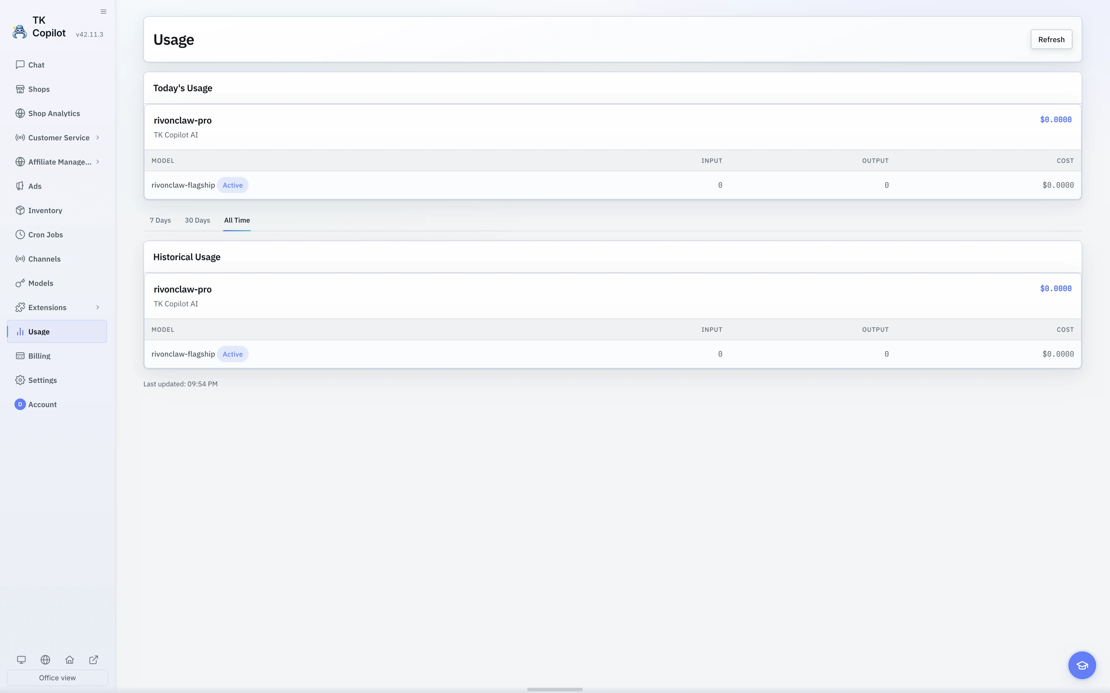 The English light-theme Usage page with today’s model usage and historical range controls.