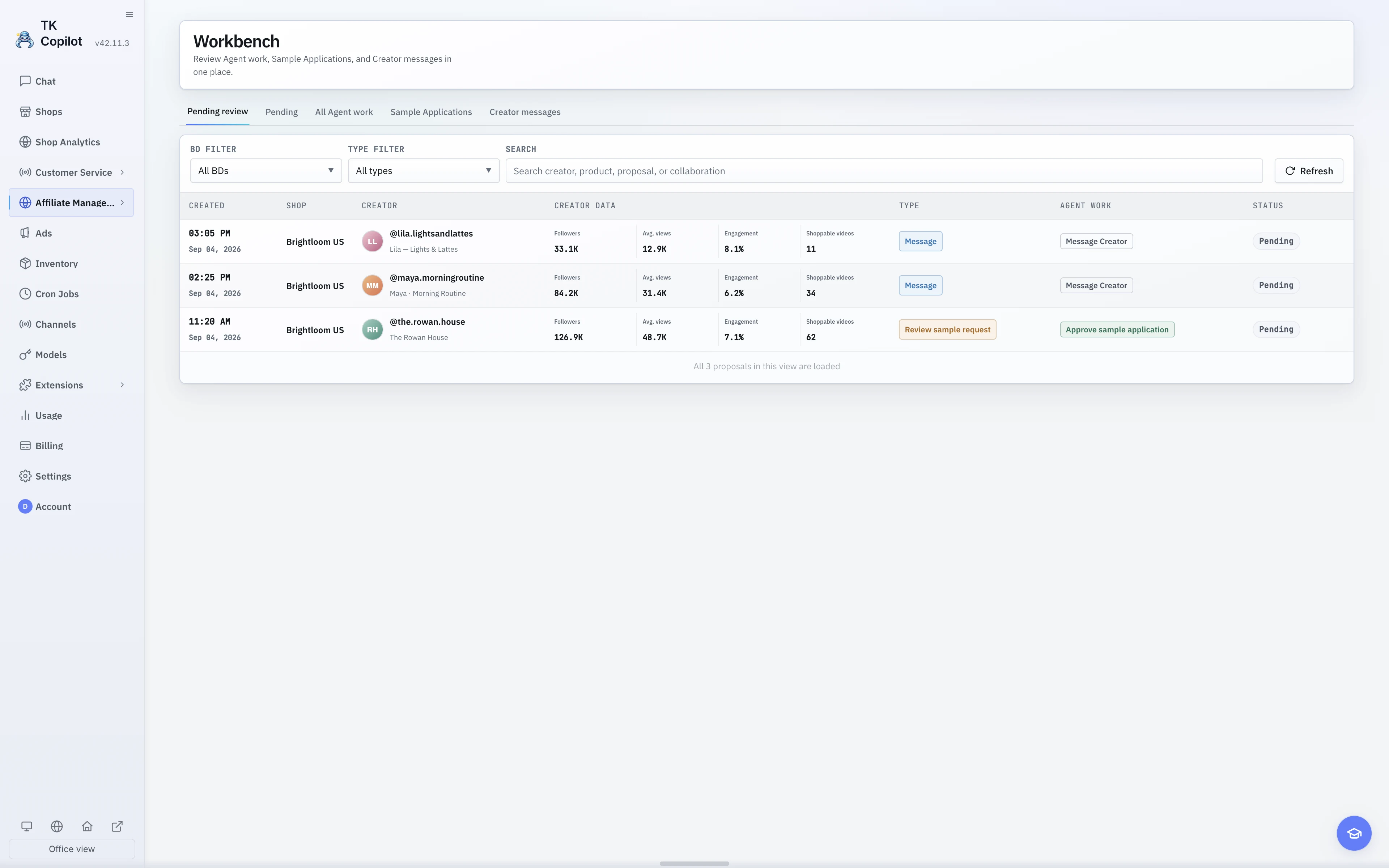 The English light-theme Affiliate workbench with three proposals waiting for review, including their type, related Creator, and creation time.