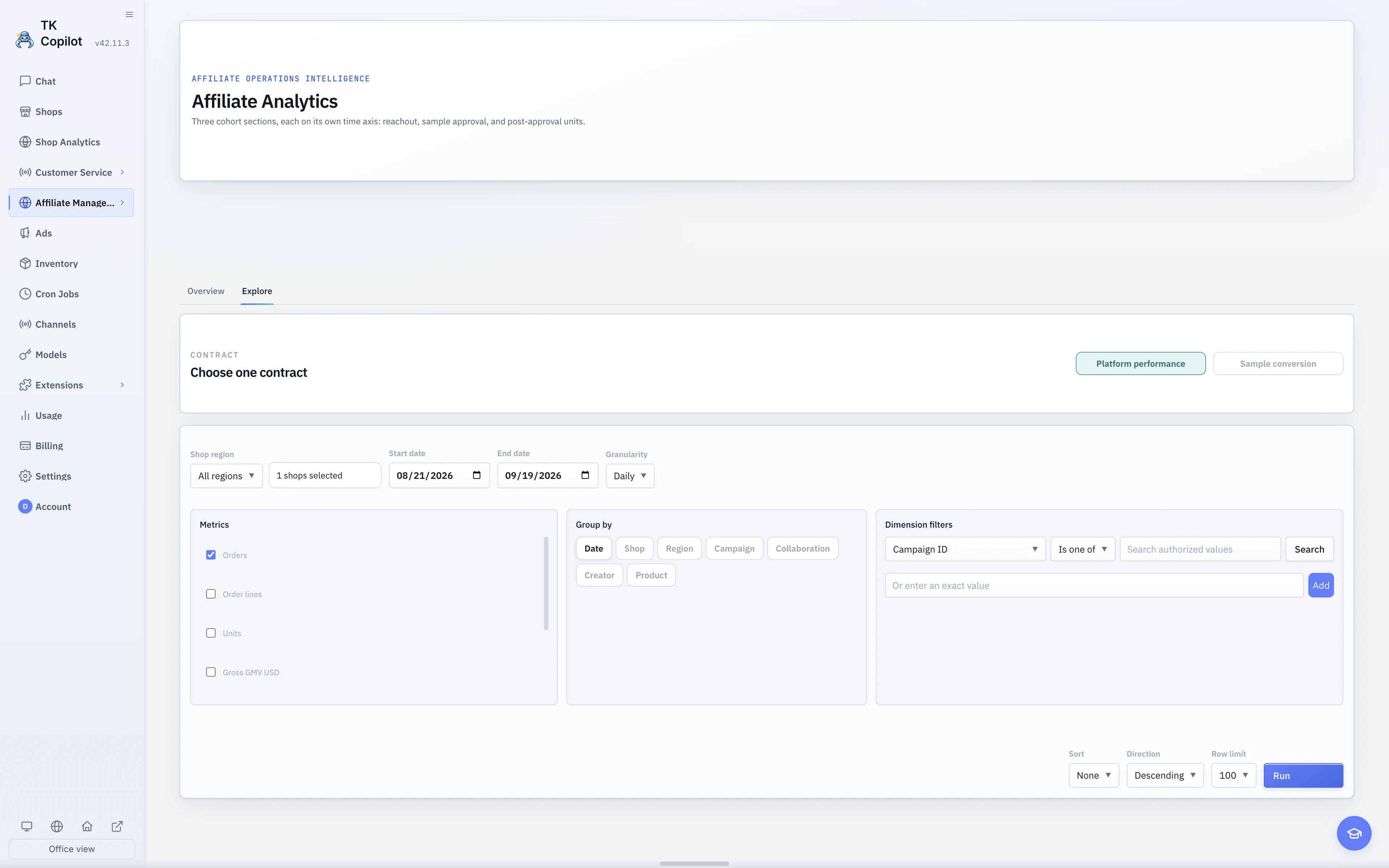 The English light-theme Affiliate Explore builder with dataset, metrics, dimensions, filters, and chart configuration.