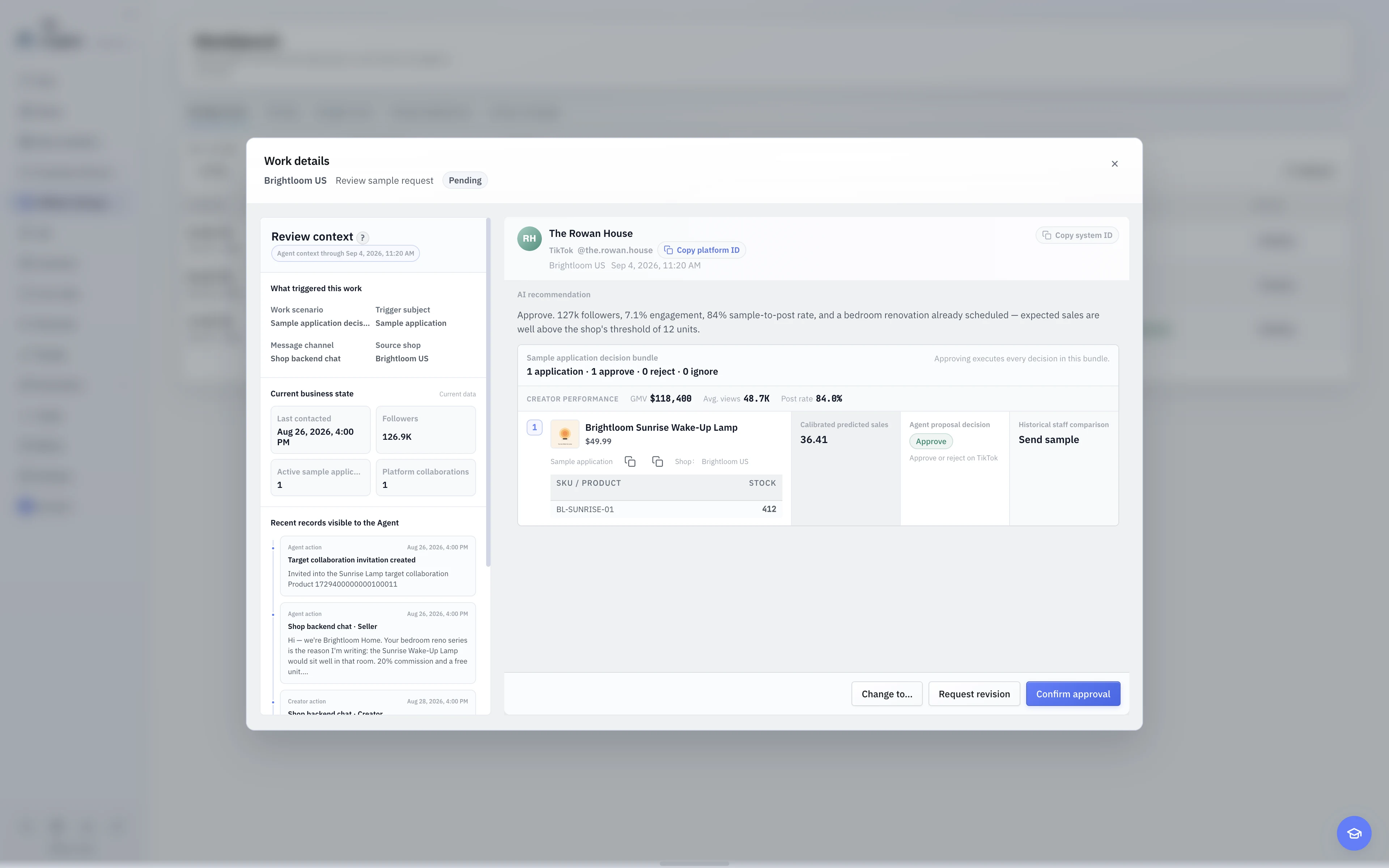 The English light-theme Sample action review with the Agent recommendation and evidence beside the human decision controls.