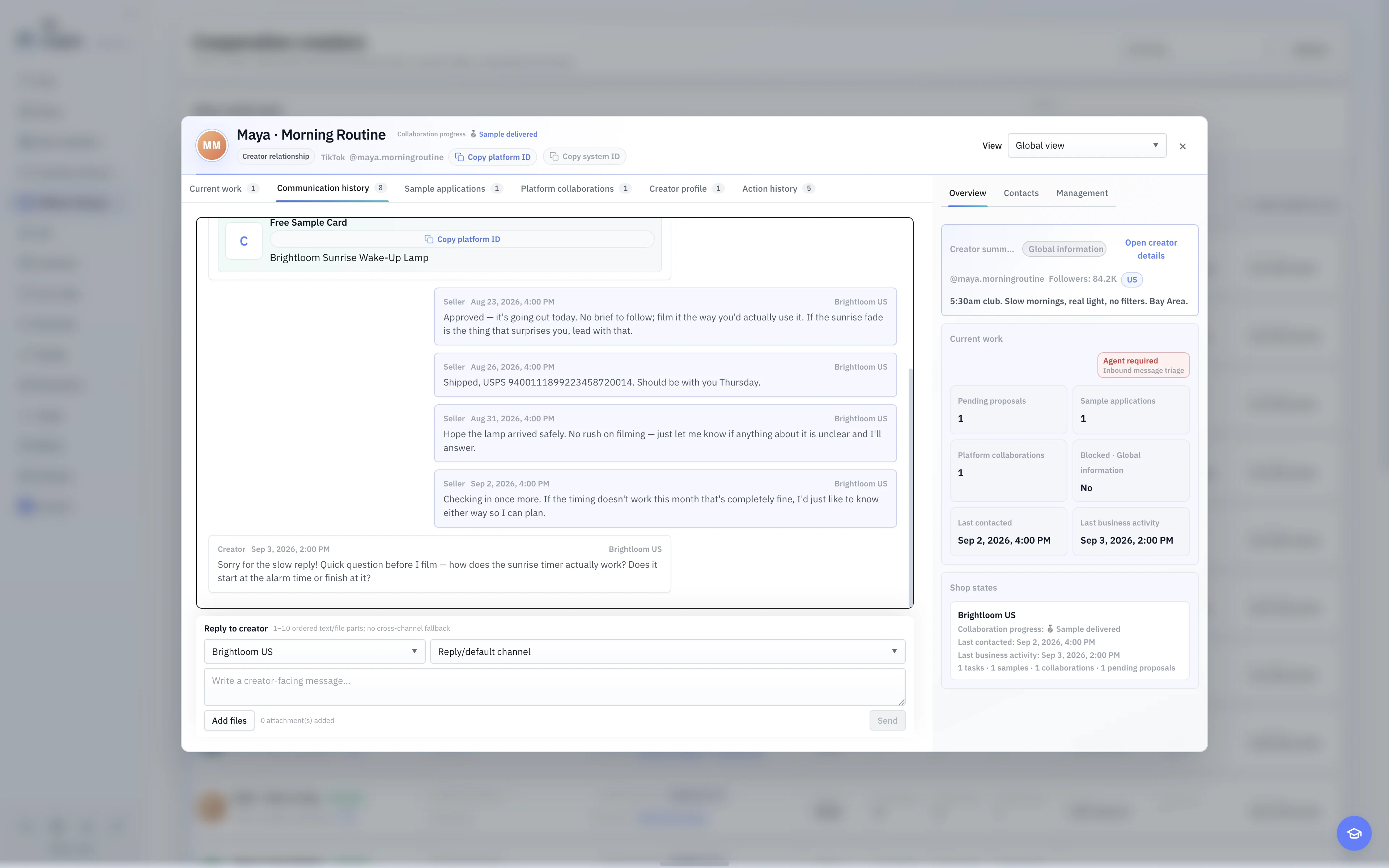 The English light-theme Creator Relationship timeline combining messages, Samples, Campaigns, and work history.