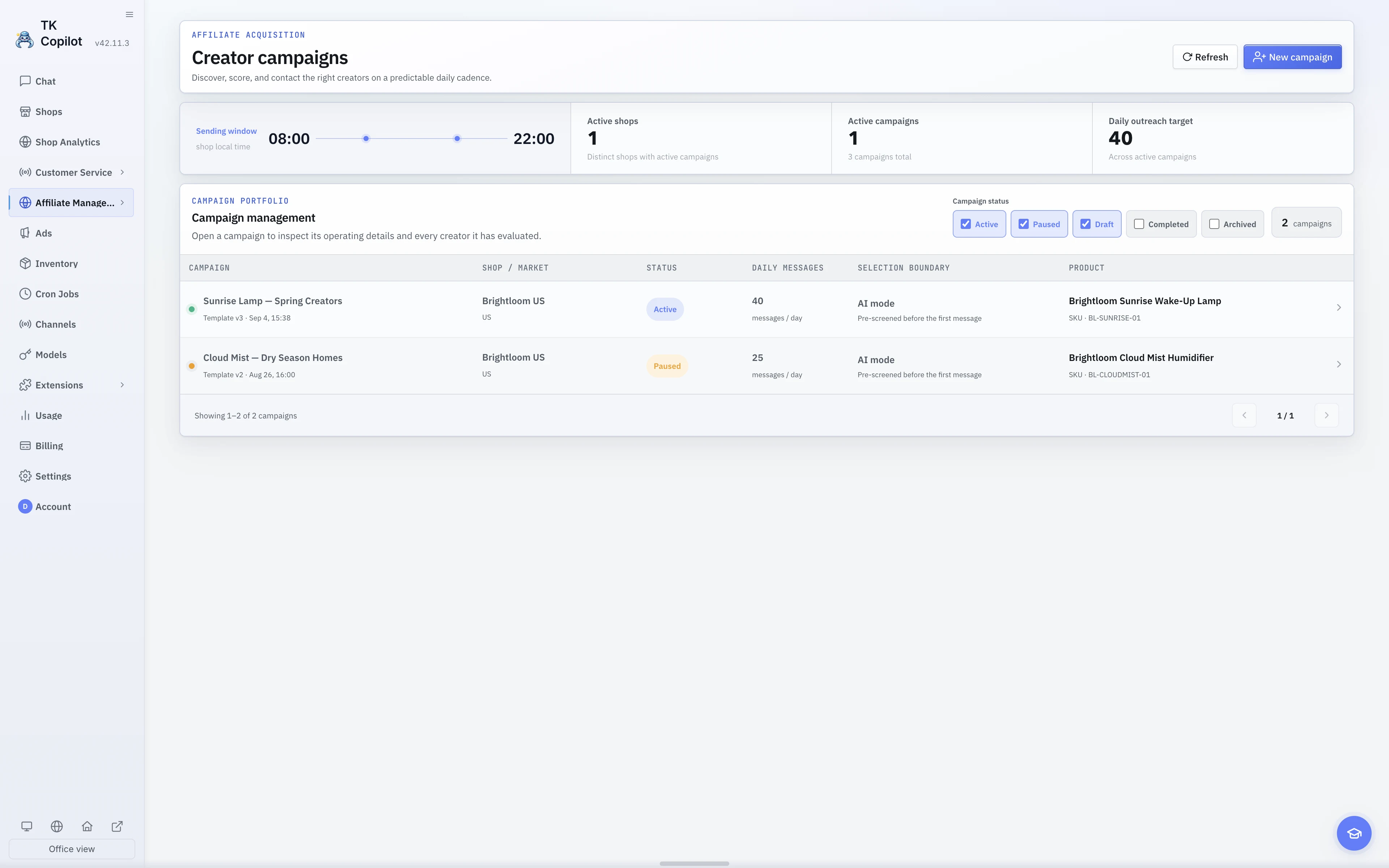 The English light-theme Campaign directory with status, daily target, and funnel results.