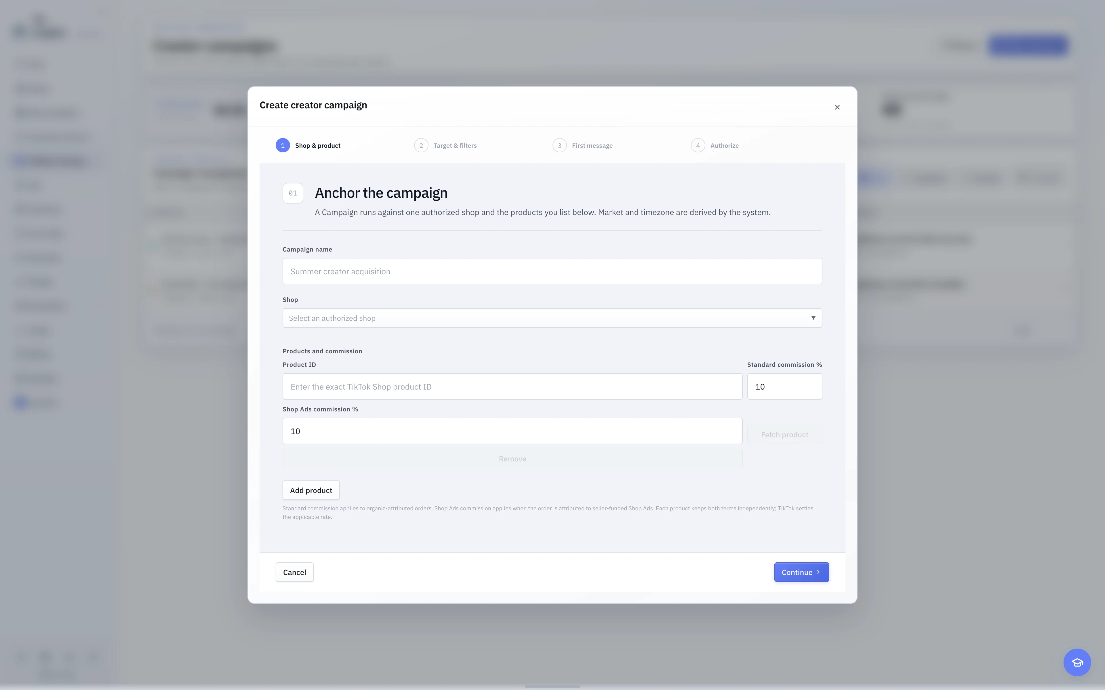 The English light-theme Campaign wizard showing Product, Targeting, Message, and Confirmation steps.