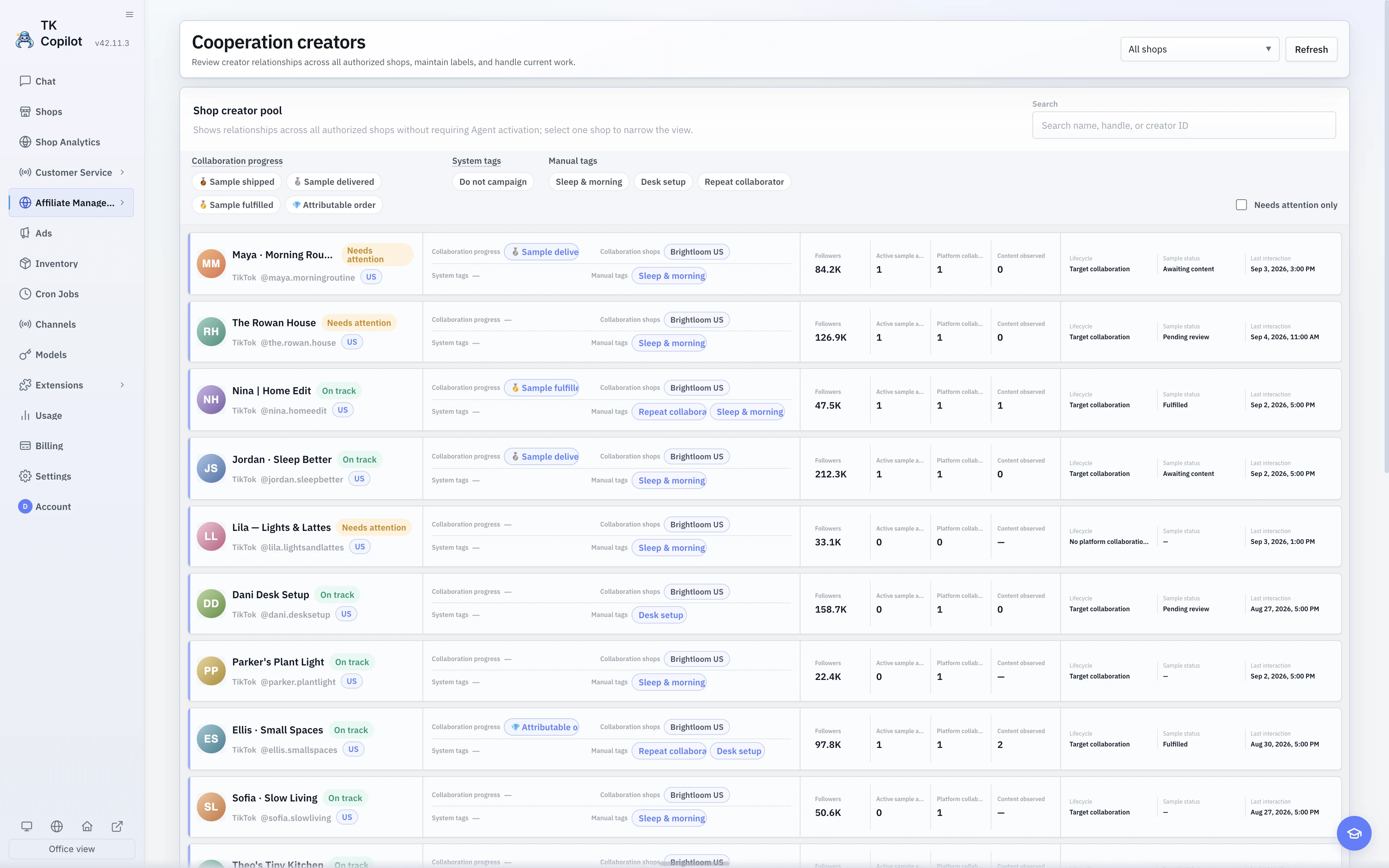 The English light-theme Creator library with scope controls, tag filters, and relationship cards.