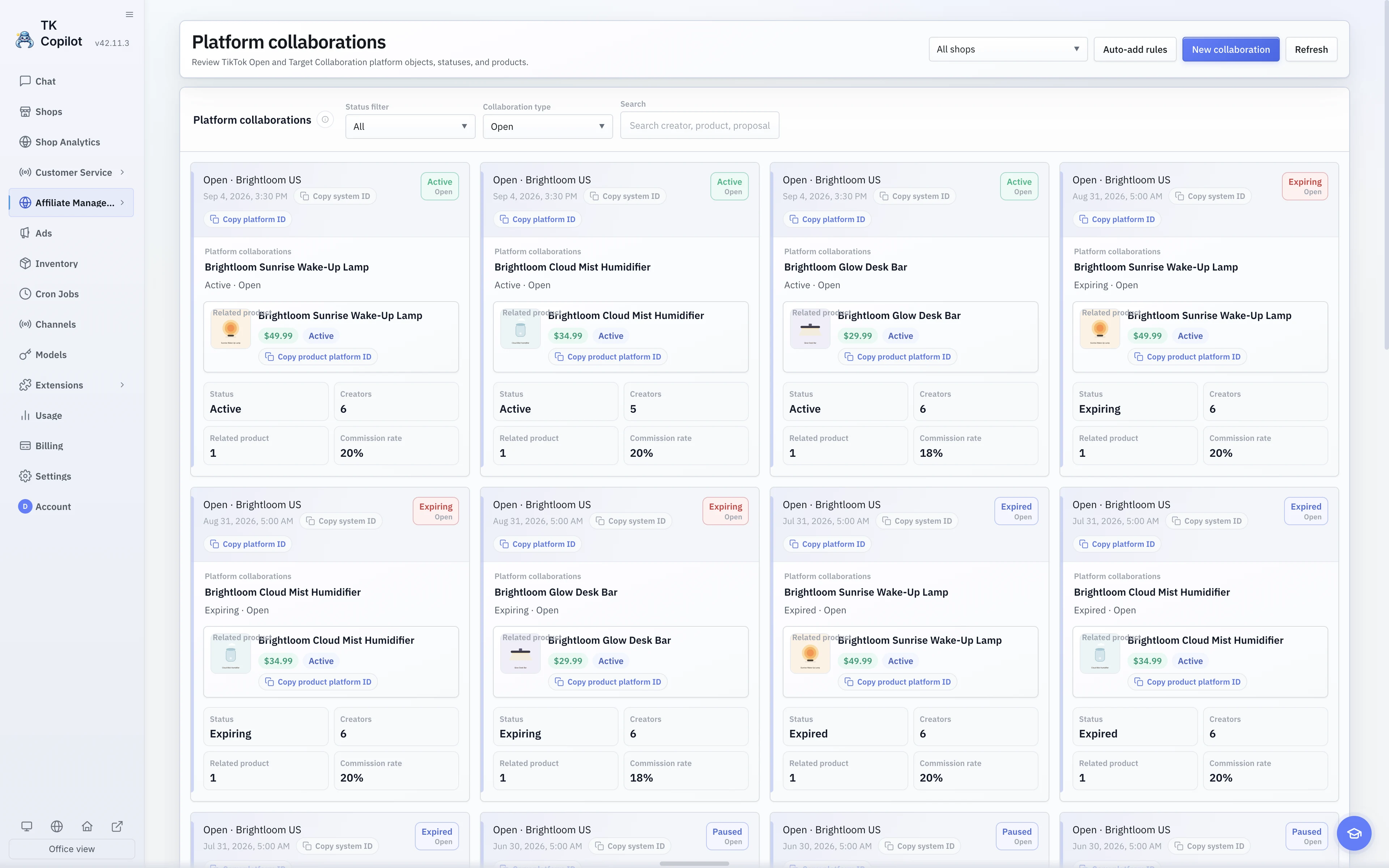 The English light-theme Collaboration History with Shop, status, type, and search filters.
