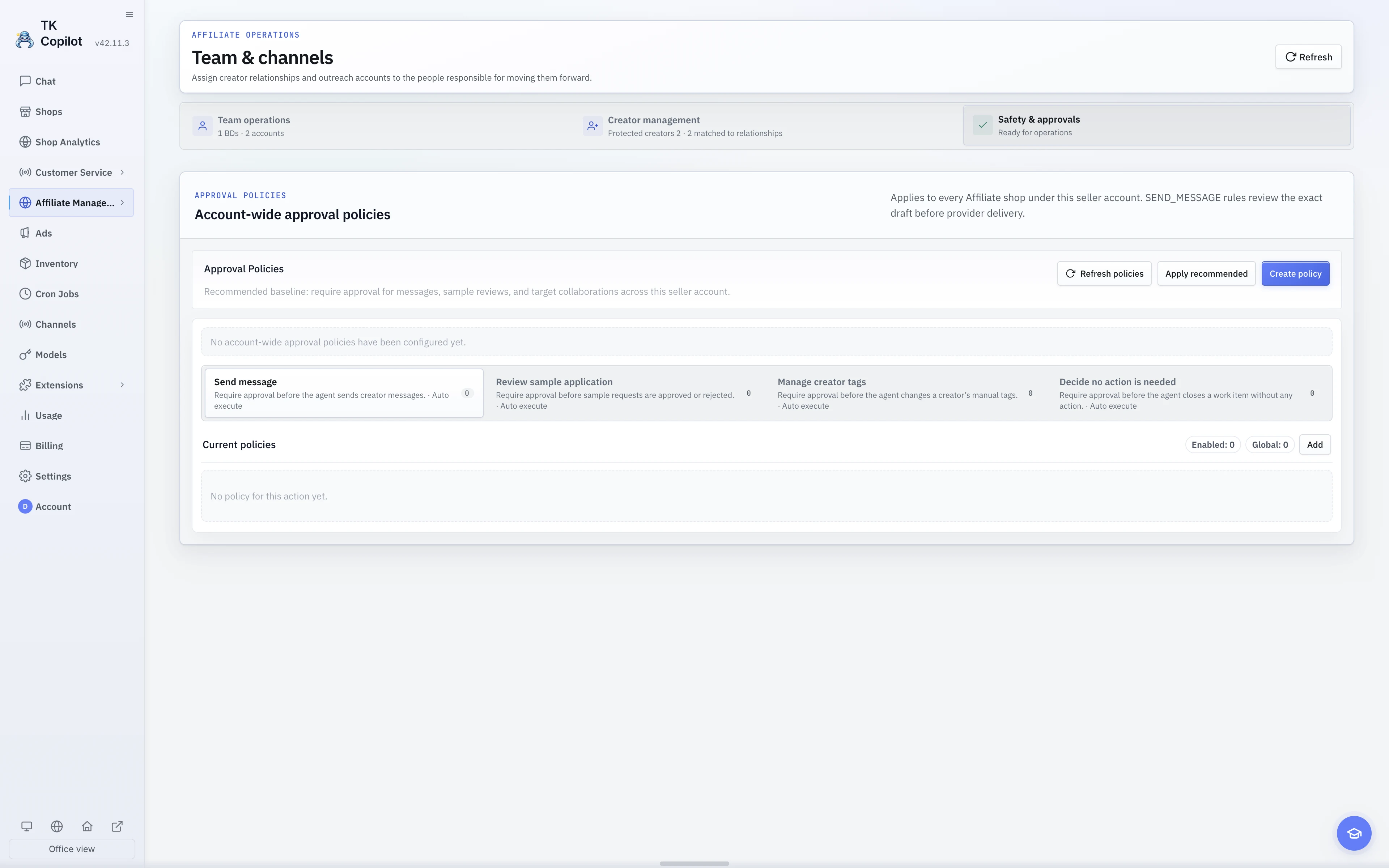 The English light-theme Safety and approvals page, showing account-wide policies for four Agent actions.