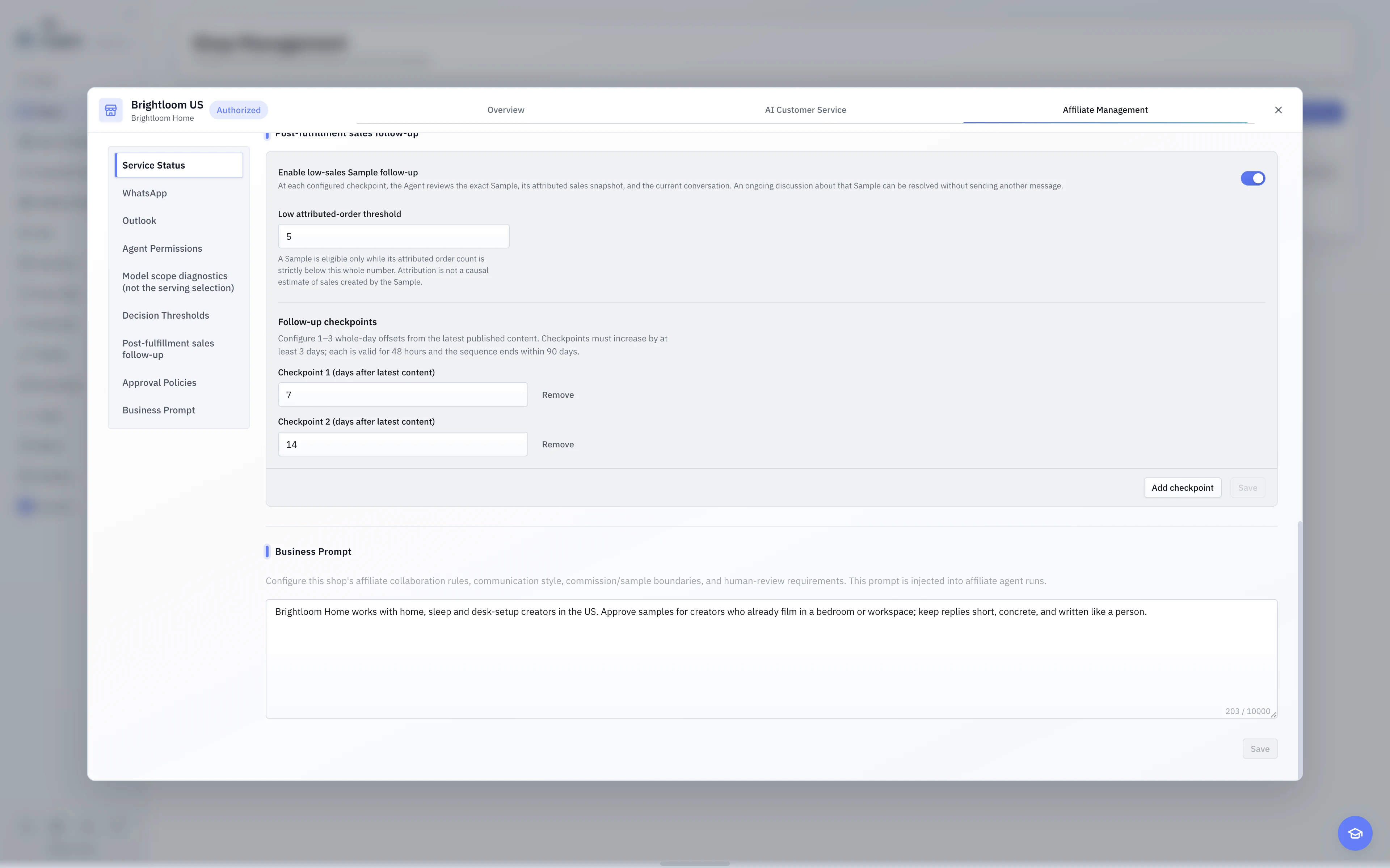 The English light-theme Affiliate Business Instructions editor.