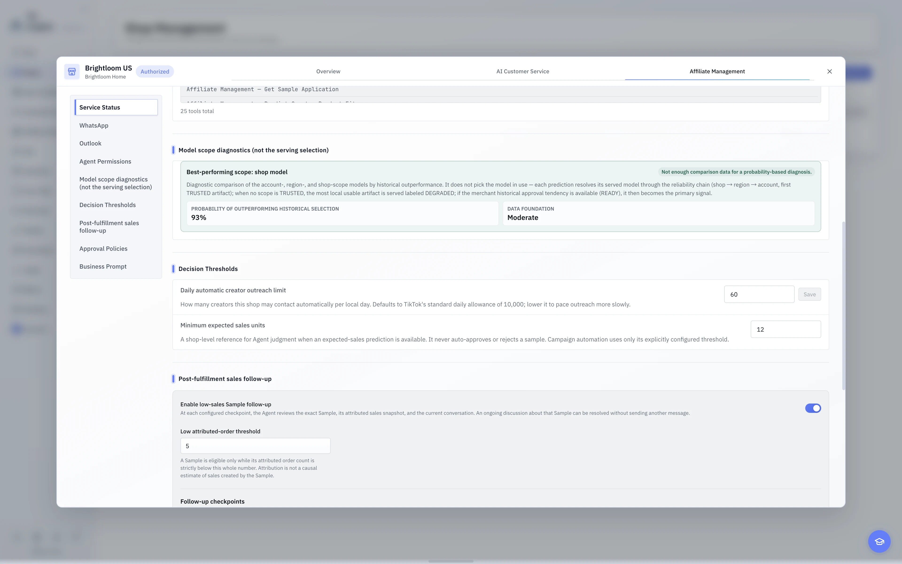 The English light-theme Affiliate decision thresholds and low-performance Sample follow-up settings.