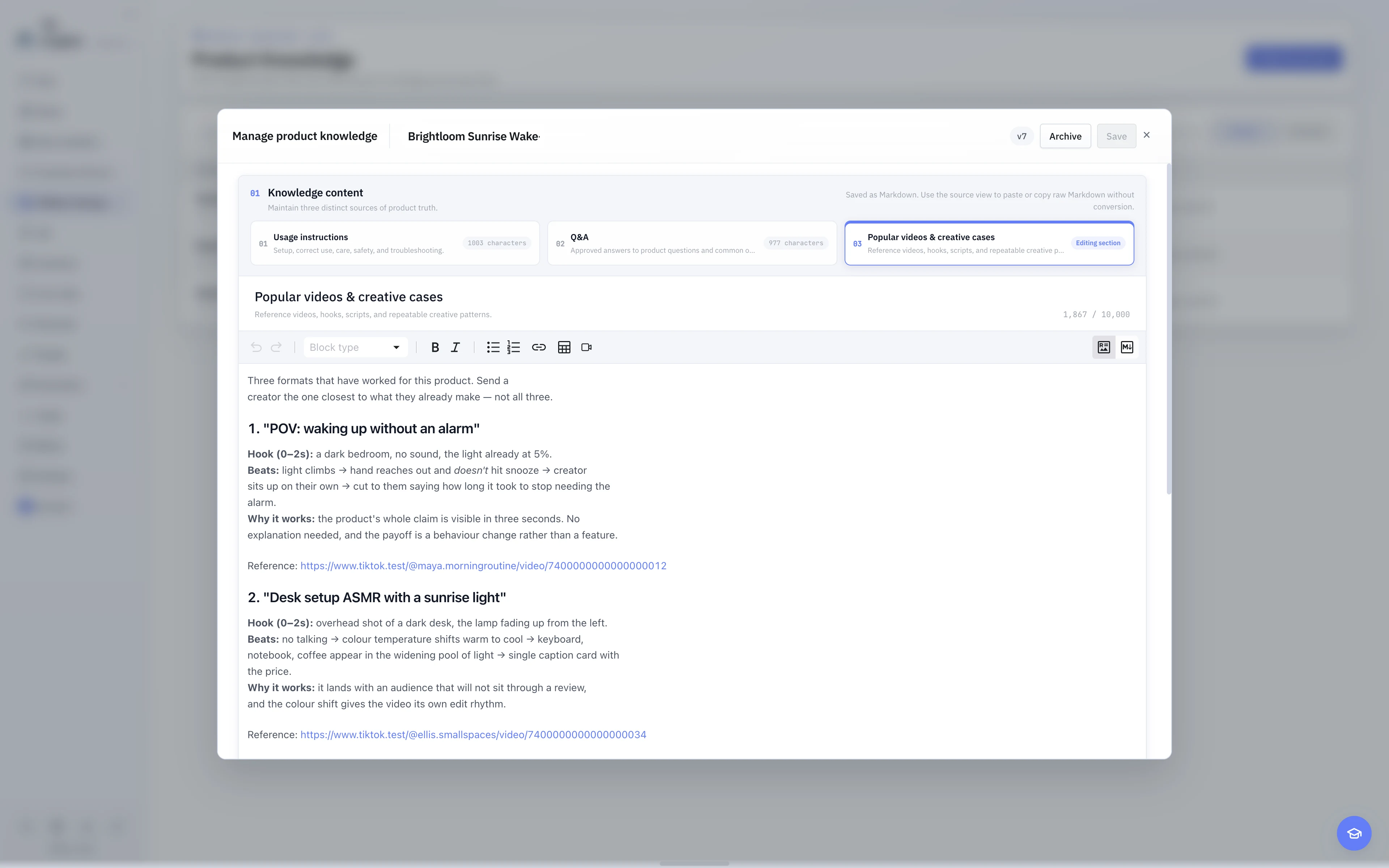 The English light-theme Creative Cases editor, organizing direction, performance observations, and assets.