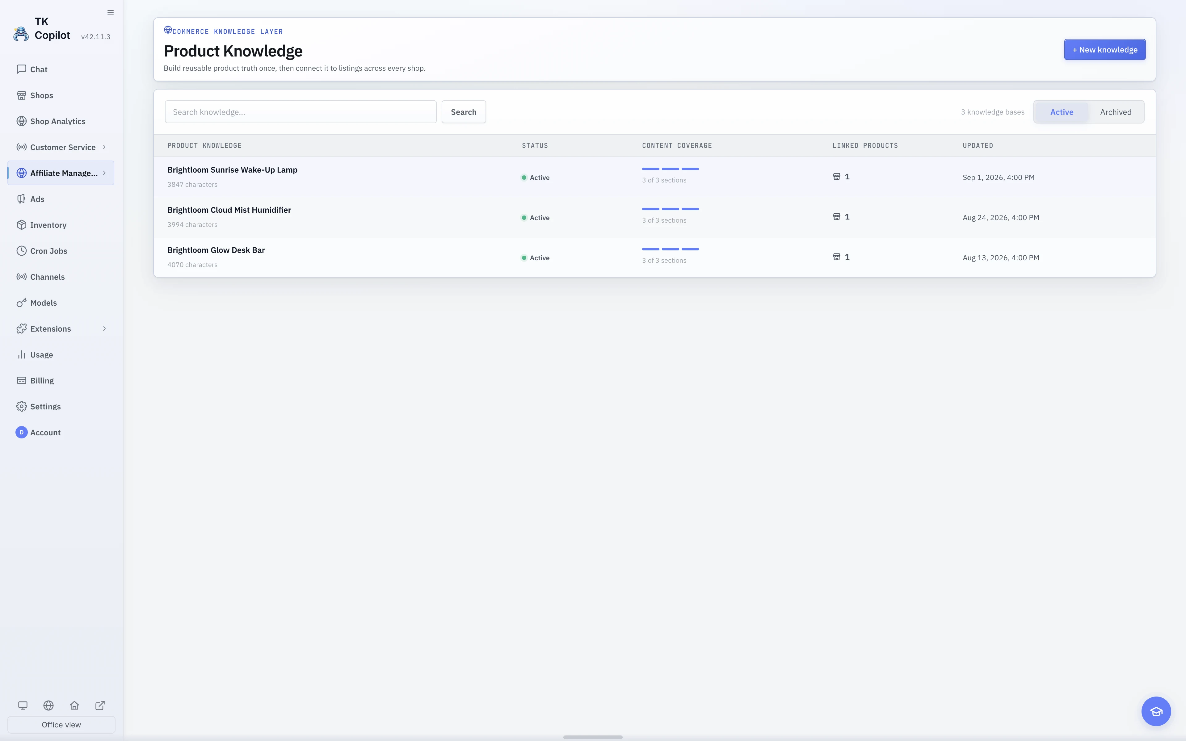 The English light-theme Product Knowledge library with document state, content coverage, and Product bindings.