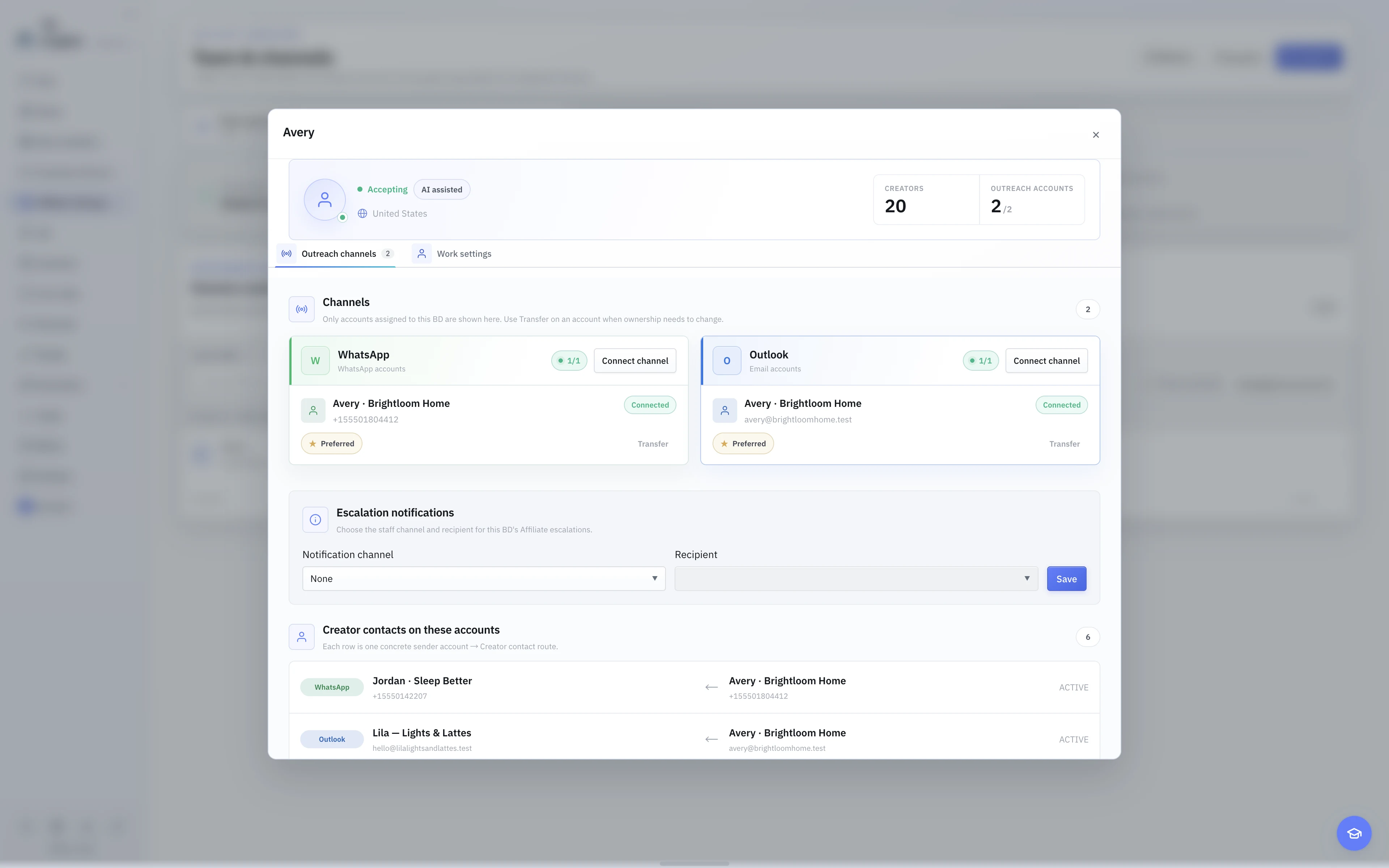 The English light-theme BD Outreach channels, showing WhatsApp, Outlook, preferred senders, escalation notifications, and Creator contacts.