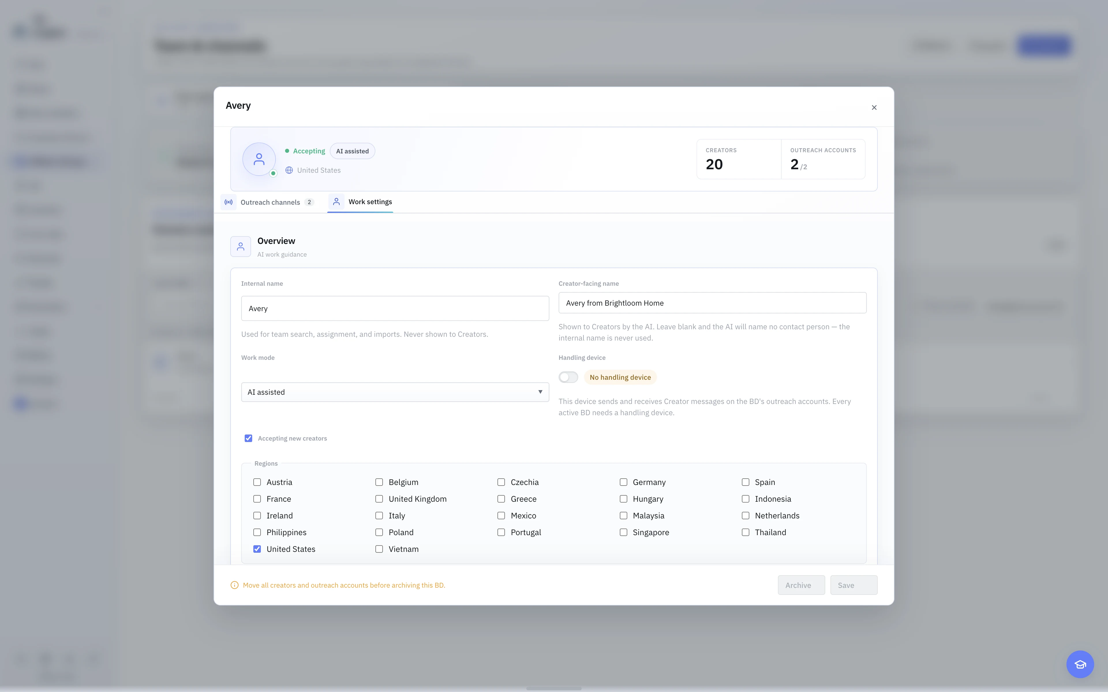 The English light-theme BD Work settings, with working mode, Creator-facing name, handling device, accepting status, and regions.