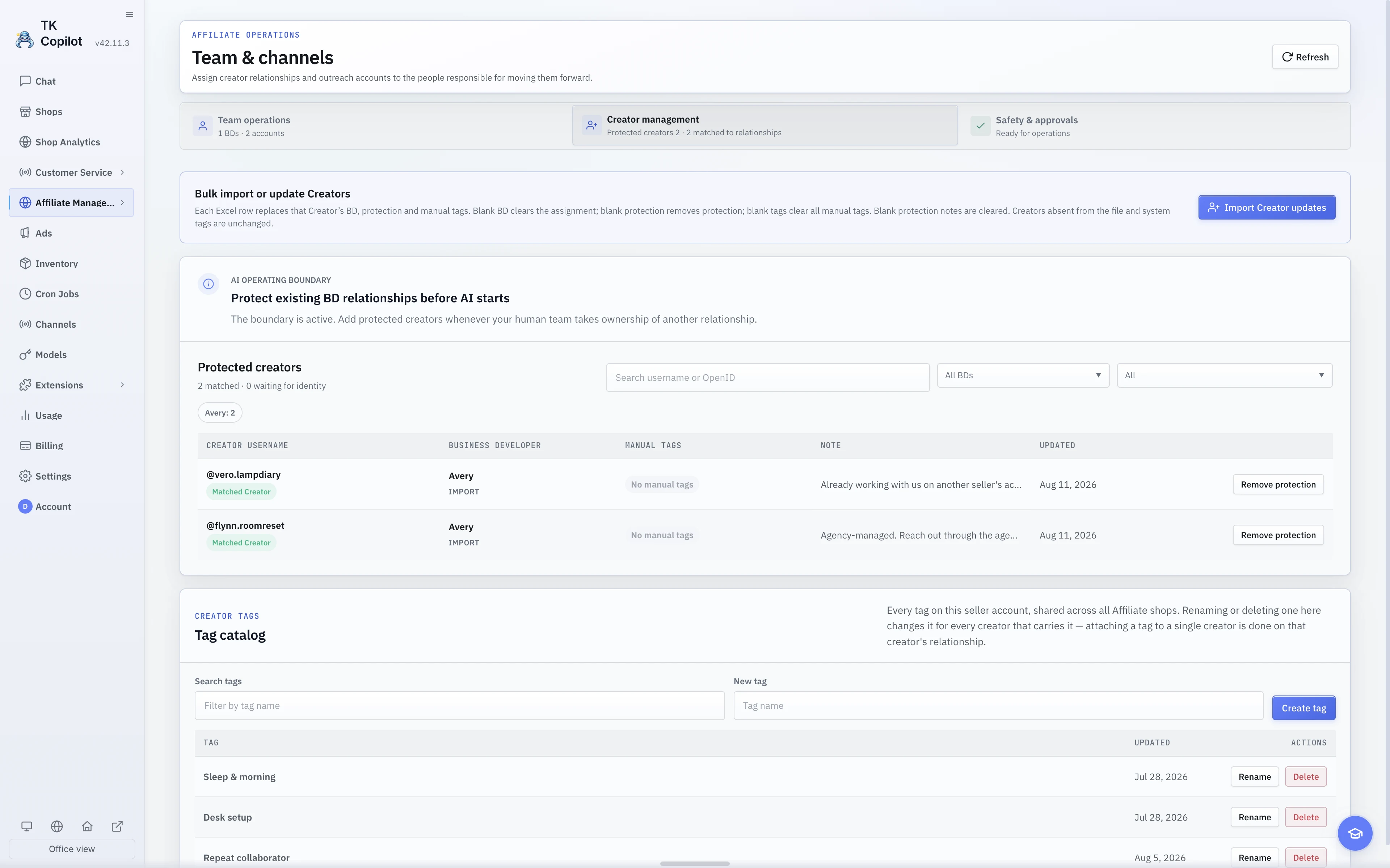 The English light-theme Creator assignments page, showing protected Creators, responsible BDs, Manual Tags, and relationship status.