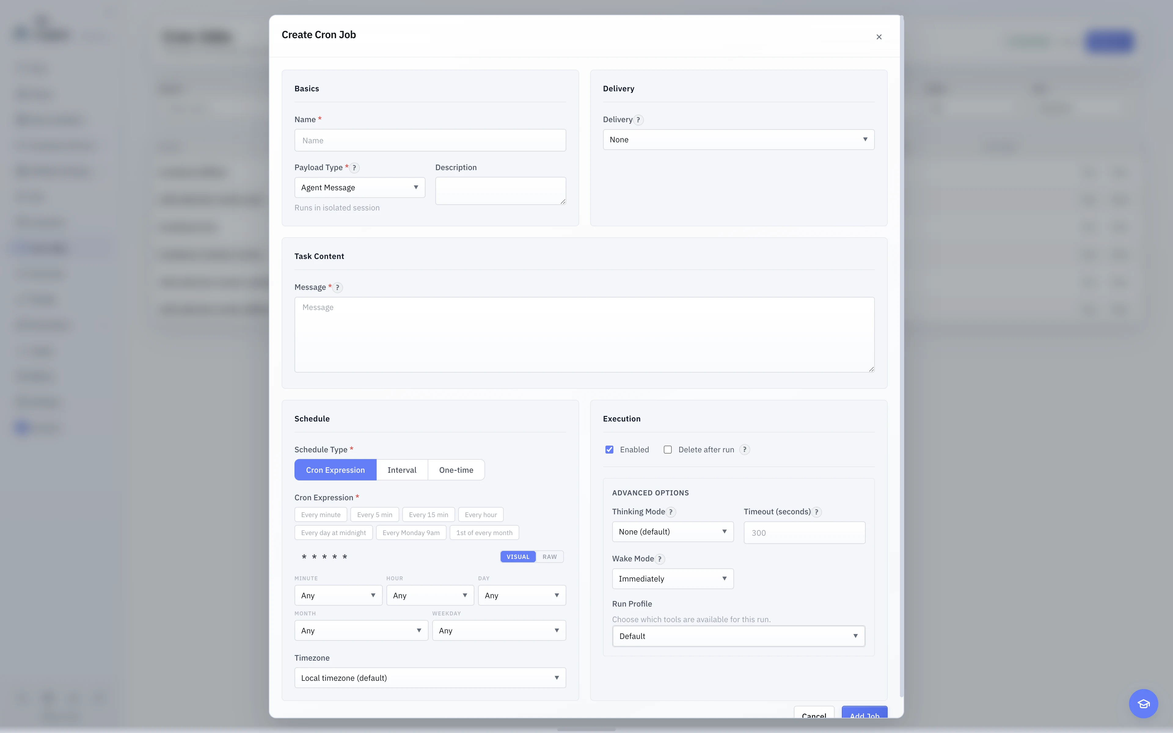 The English light-theme New Scheduled Task form with task, delivery, payload, schedule, and execution settings.