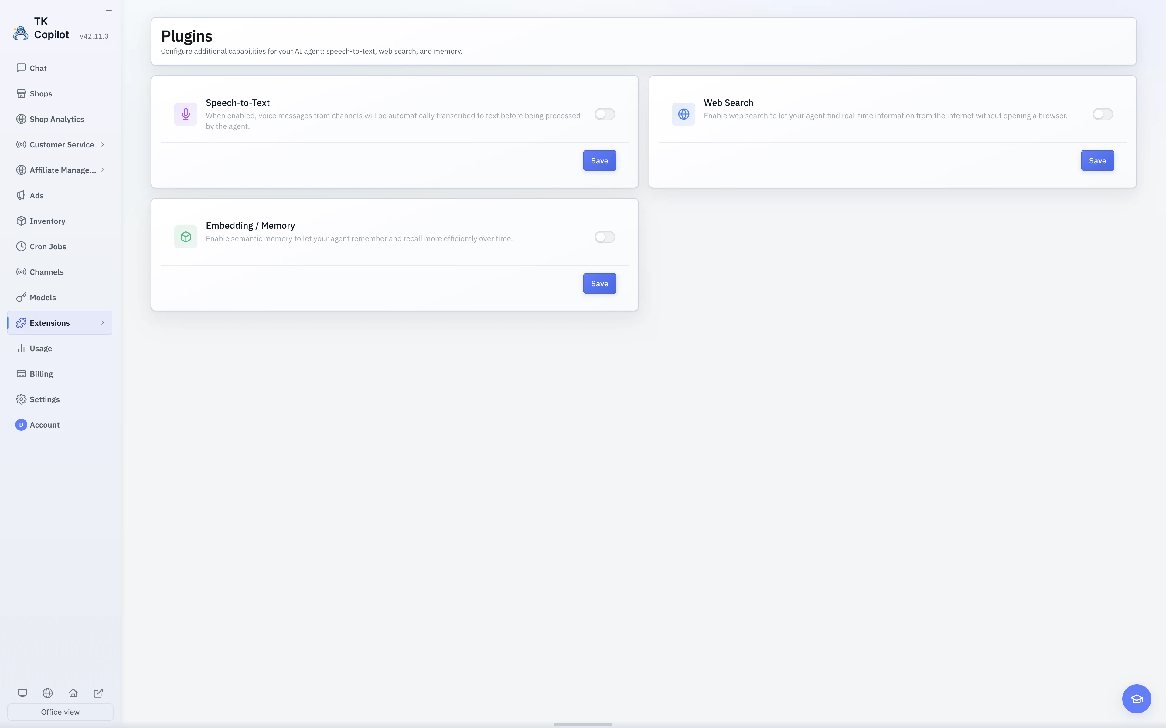 The English light-theme Extensions page with speech-to-text and web-search configuration.