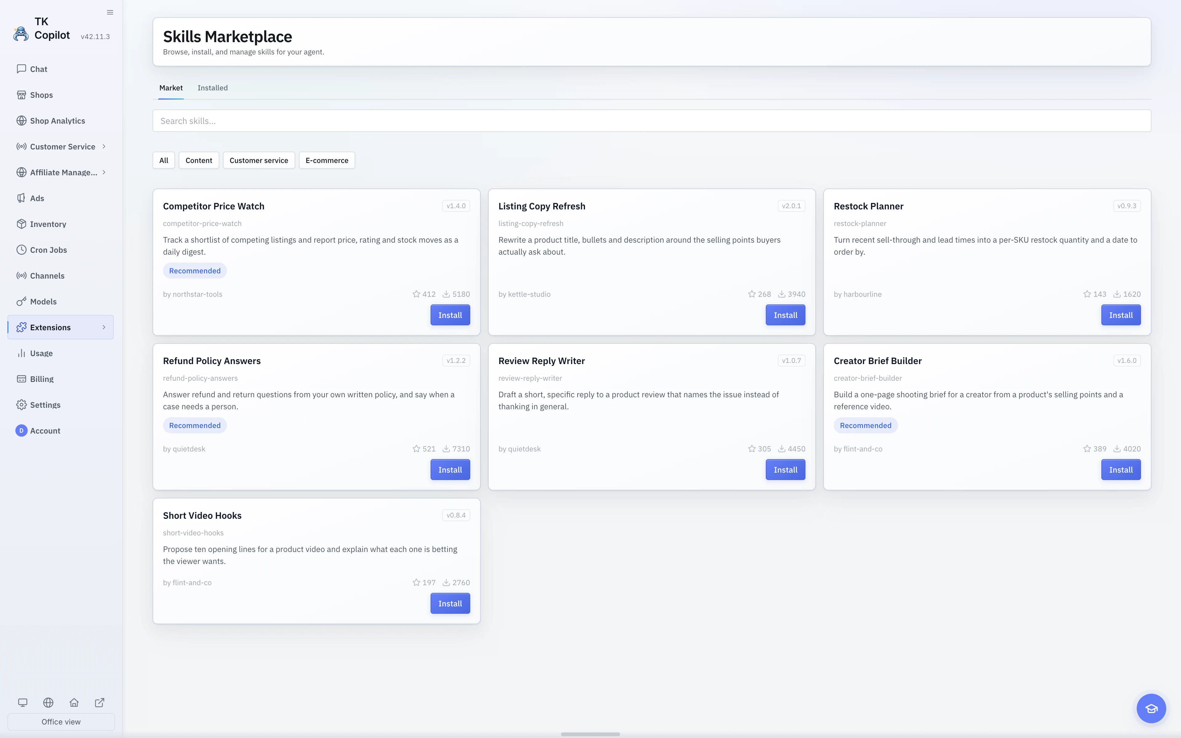 The English light-theme Skills Marketplace with search, categories, and Skill cards.