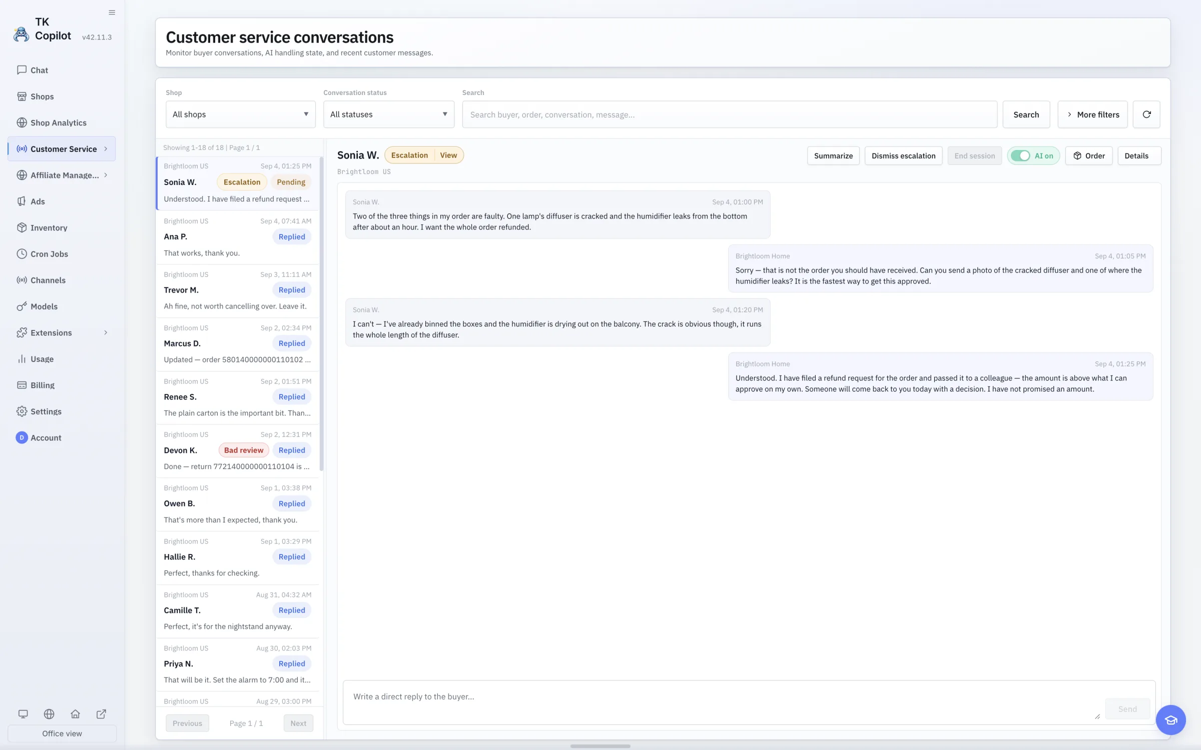 The English light-theme conversation inbox with Sonia W. selected. AI enabled is visible in the upper-right, while the list shows replied, pending, and escalated states.