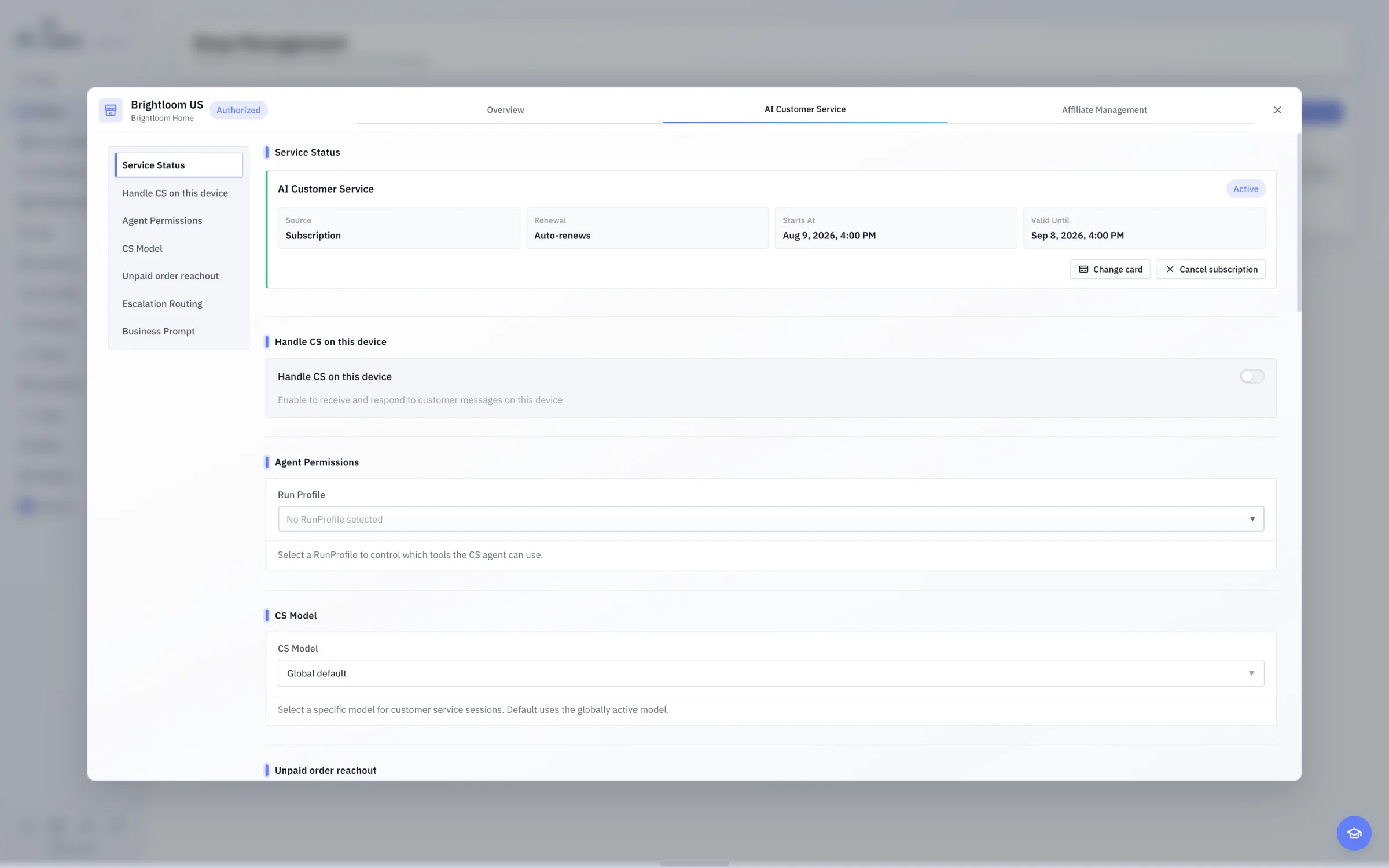 The Shop-level AI Customer Service settings in the English light interface. Check service status, this-device assignment, Agent permissions, and the Customer Service model from the left navigation.