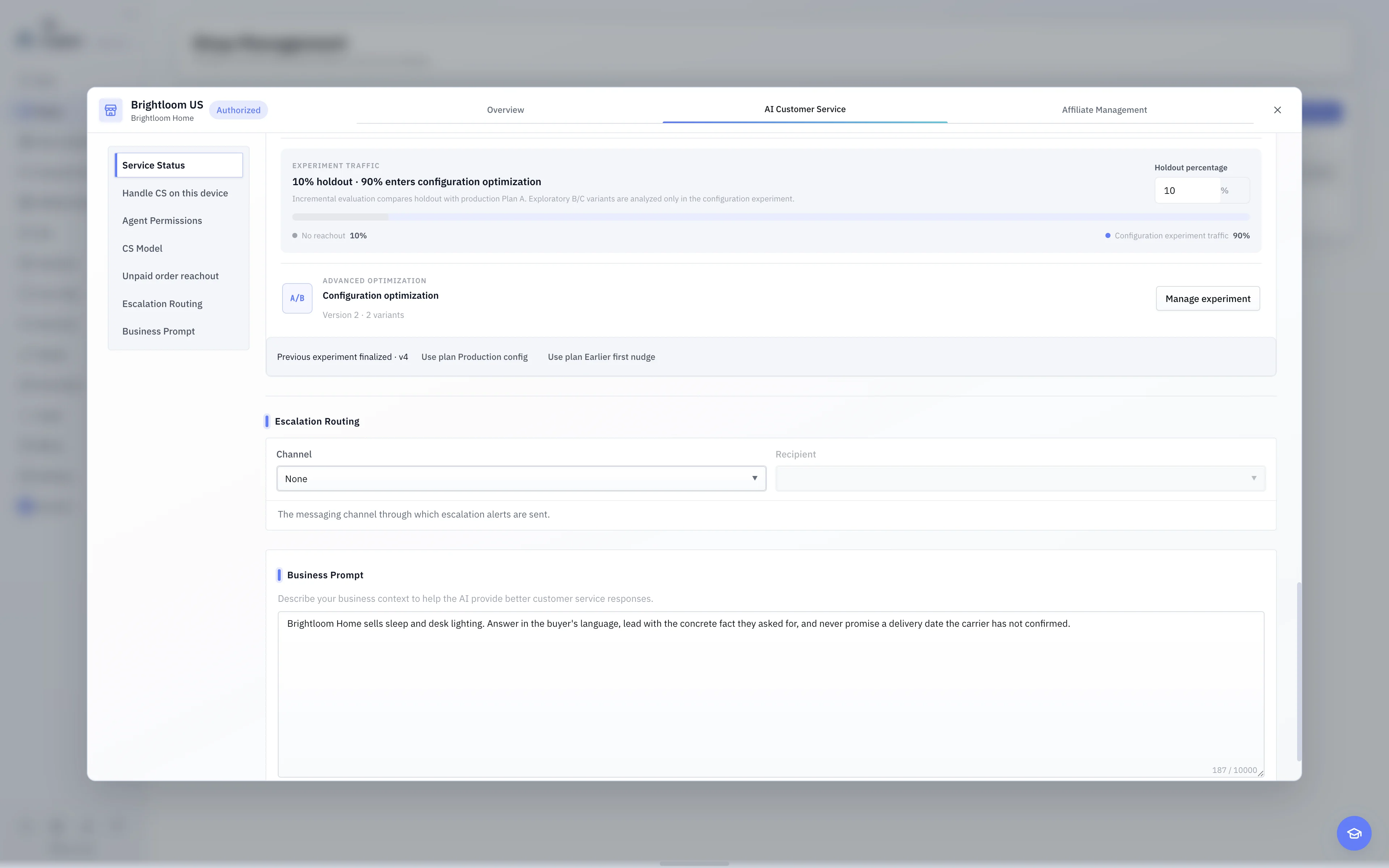 The English light-theme advanced AI Customer Service settings. Escalation delivery selects the messaging channel and responsible recipient.