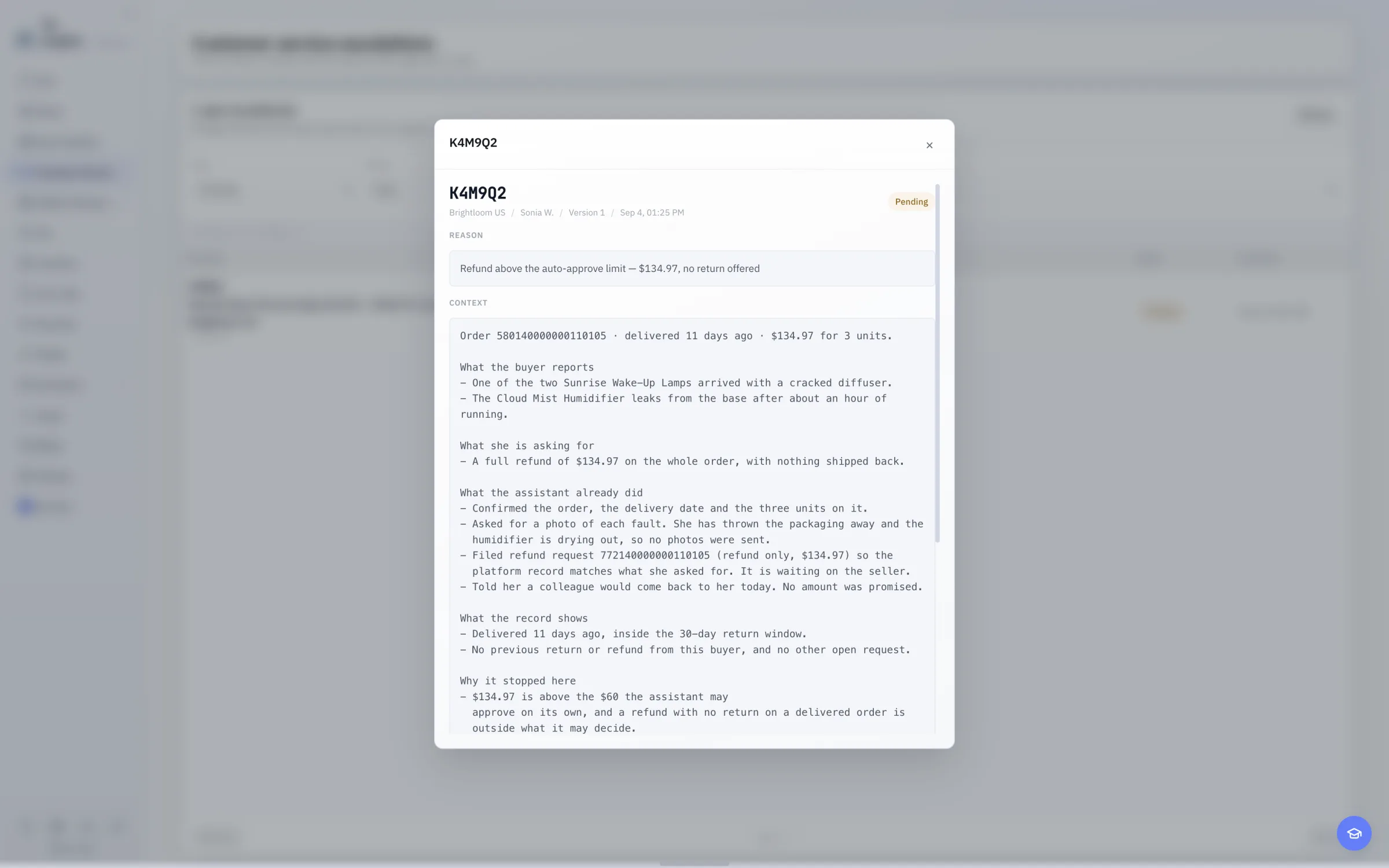 The English light-theme escalation detail, collecting the order amount, buyer request, work already completed by AI, and the decision still required from the merchant.