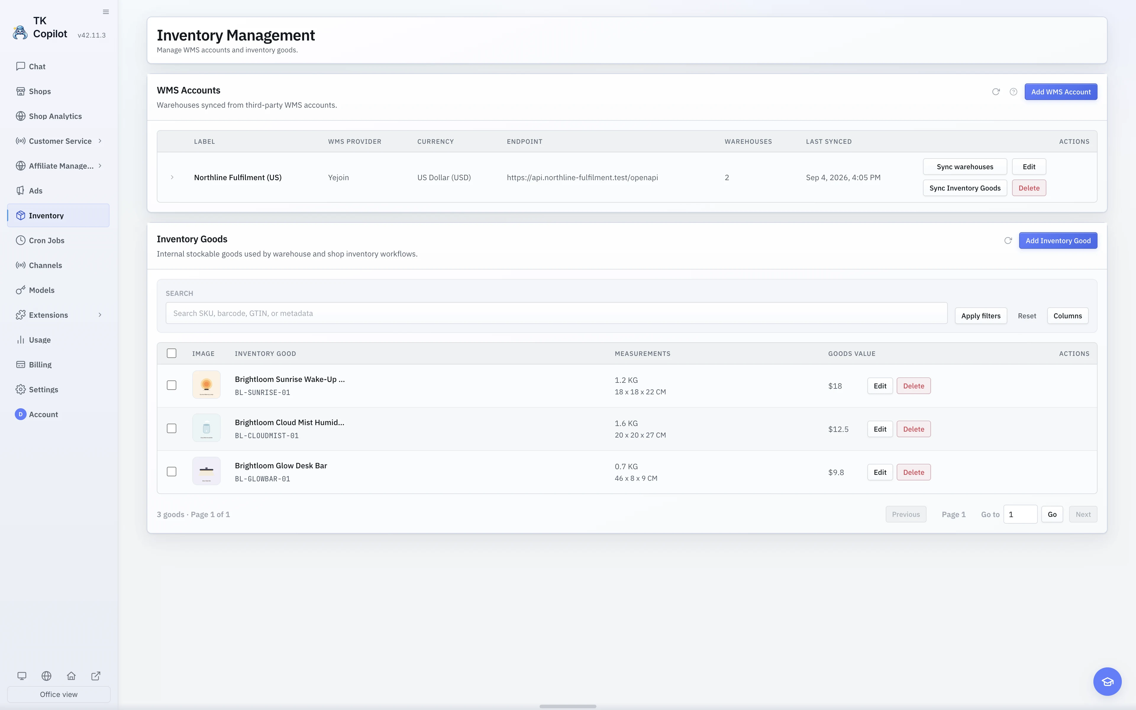 The English light-theme Inventory page with WMS accounts, warehouses, and inventory goods.