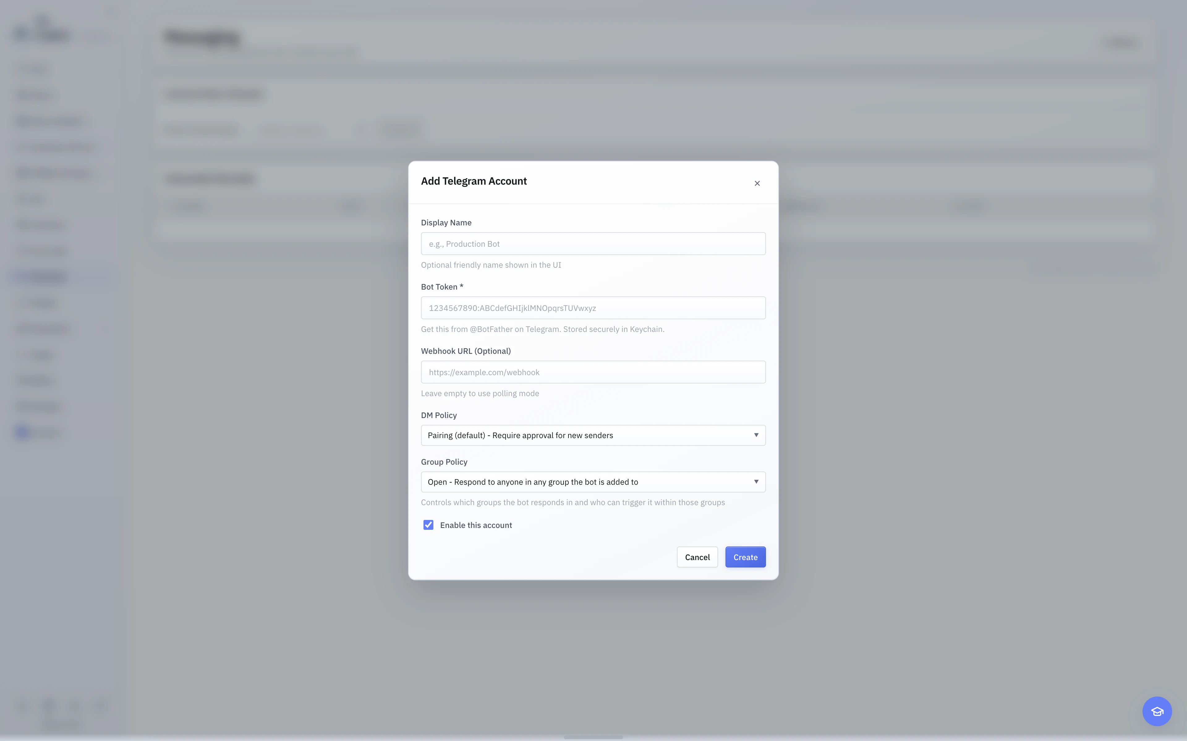 The English light-theme Telegram account setup. Bot Token is required, Webhook is optional, and direct-message and group access policies are available.