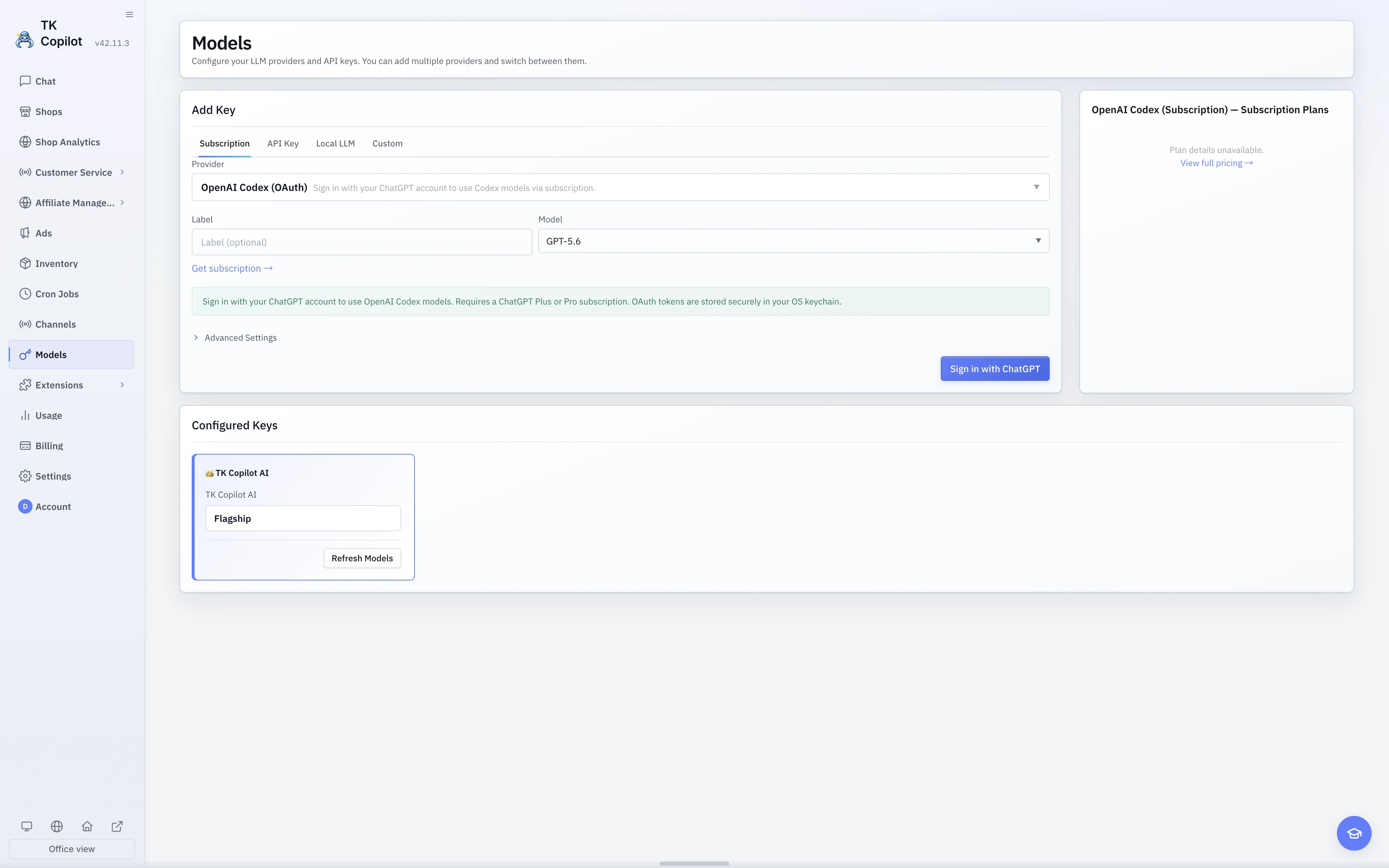 The English light-theme Model providers page with the active provider, available models, and additional providers in one view.