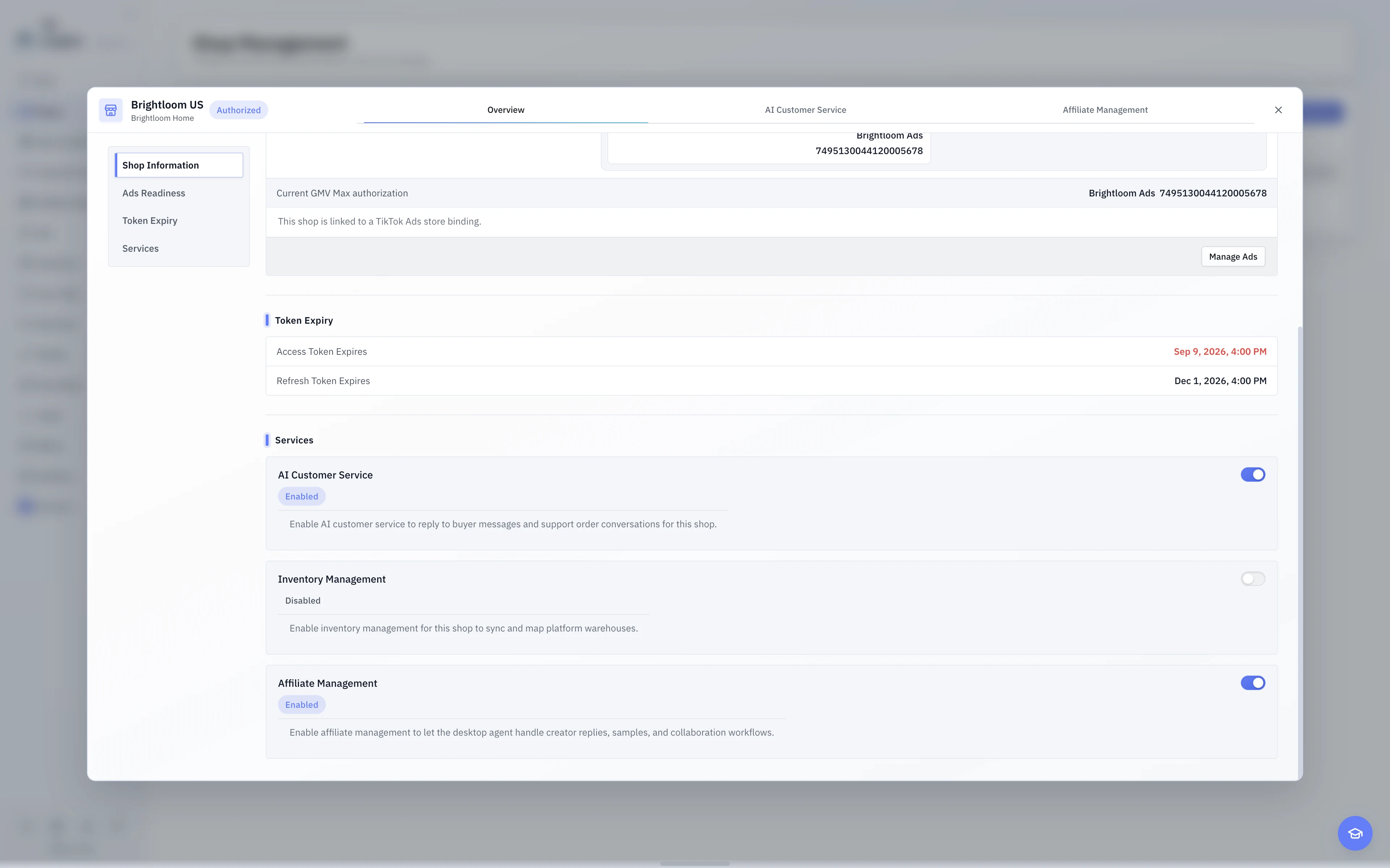 The English light-theme Shop Overview, bringing authorization, expiration, and Customer Service, Inventory, and Affiliate switches into one view.